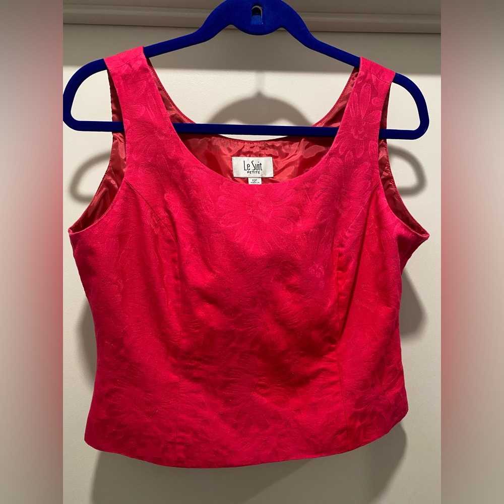 VTG 80s Le Suit Petite Fuchsia Pink Floral Jacquard Sleeveless Crop Top Blouse